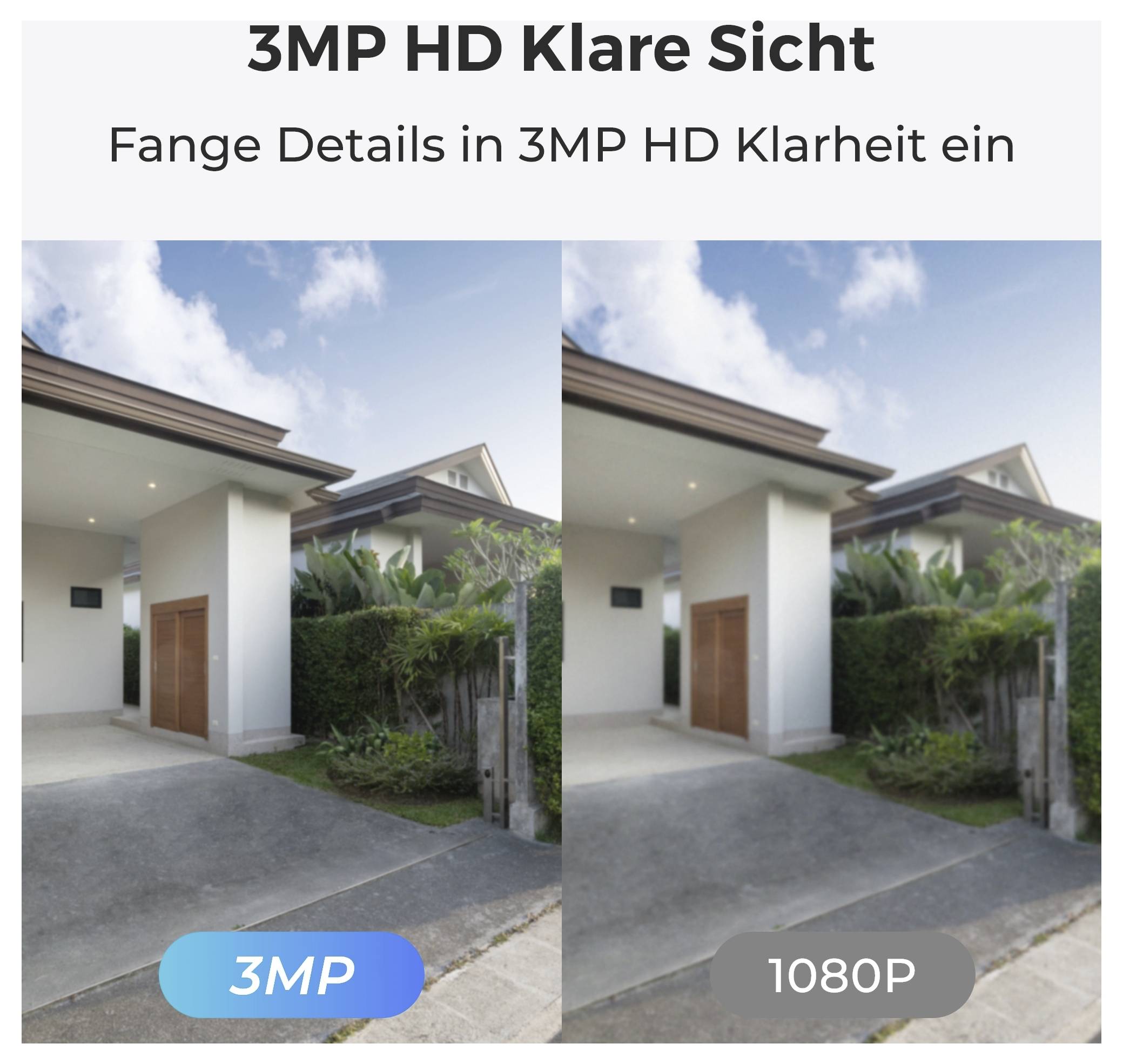Geteiltes Bild vergleicht 3MP HD und 1080P Auflösung. Links sind Details an einer Hausfassade deutlicher zu erkennen, mit dem Text ‚Fange Details in 3MP HD Klarheit ein'.