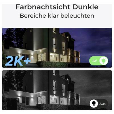Bild, das ein Haus bei Nacht mit Beleuchtung zeigt. Oberer Teil mit der Beschriftung 'Farbnachtsicht Dunkle' stellt ein beleuchtetes Haus in Farbe dar. Unterer Teil zeigt dasselbe in Schwarz-Weiß mit der Beschriftung 'Aus'.