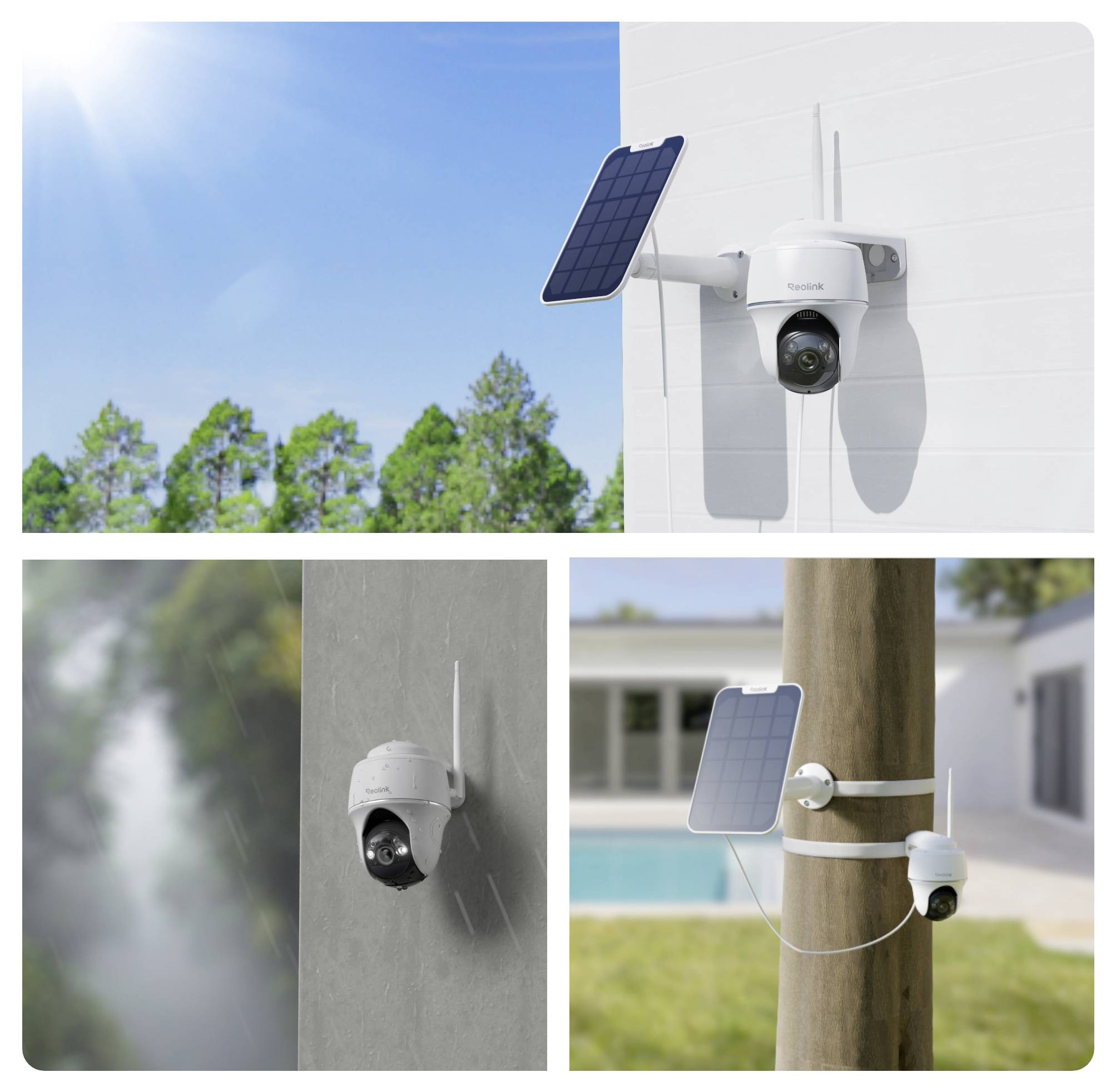 Drei Bilder zeigen eine solarbetriebene Sicherheitskamera in verschiedenen Umgebungen: im Freien bei Sonnenlicht, an einer Wand bei Regen und an einem Mast in der Nähe eines Schwimmbads.