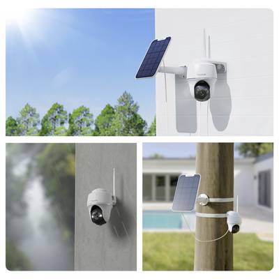 Drei Bilder zeigen eine solarbetriebene Sicherheitskamera in verschiedenen Umgebungen: im Freien bei Sonnenlicht, an einer Wand bei Regen und an einem Mast in der Nähe eines Schwimmbads.