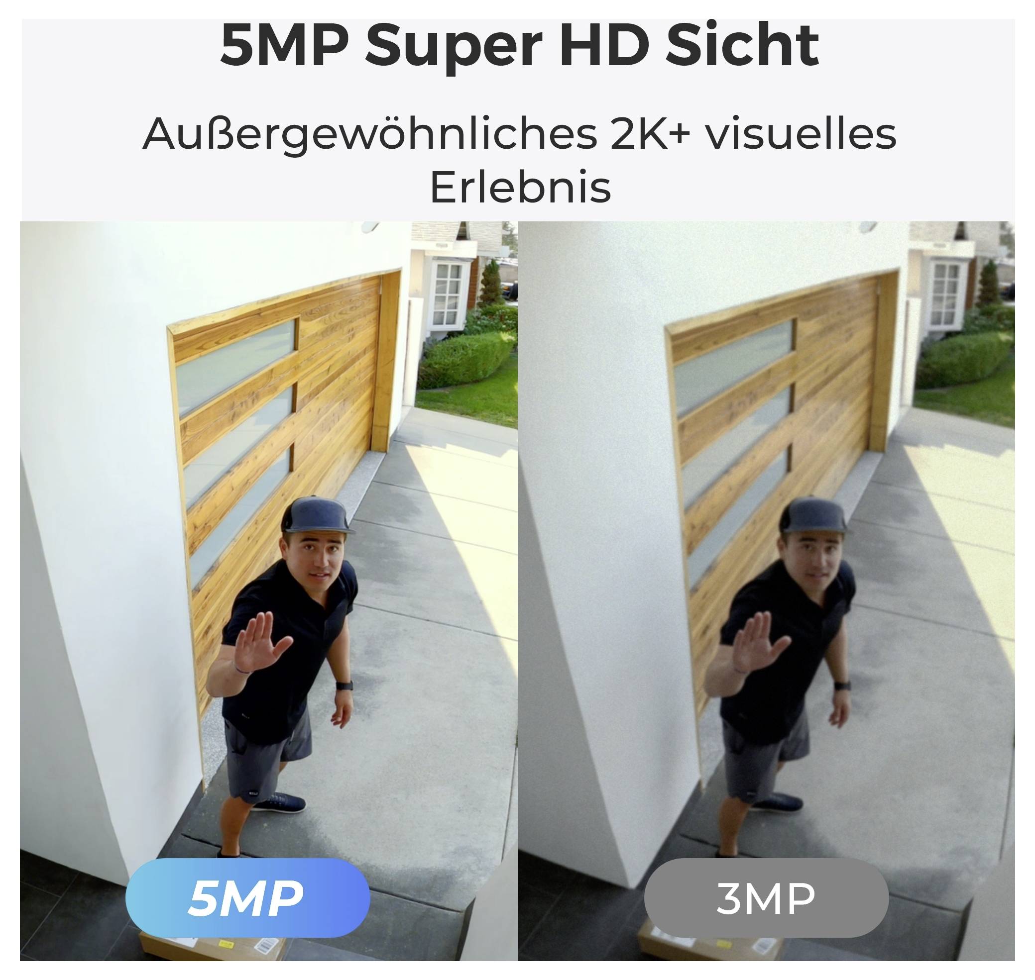 Zwei nebeneinander liegende Außenkameraaufnahmen zeigen einen Mann, der an der Tür winkt. Das linke Bild ist mit '5MP' beschriftet und weist klarere Details auf, während das rechte Bild '3MP' zeigt. Text darüber liest sich '5MP Super HD Sicht'.