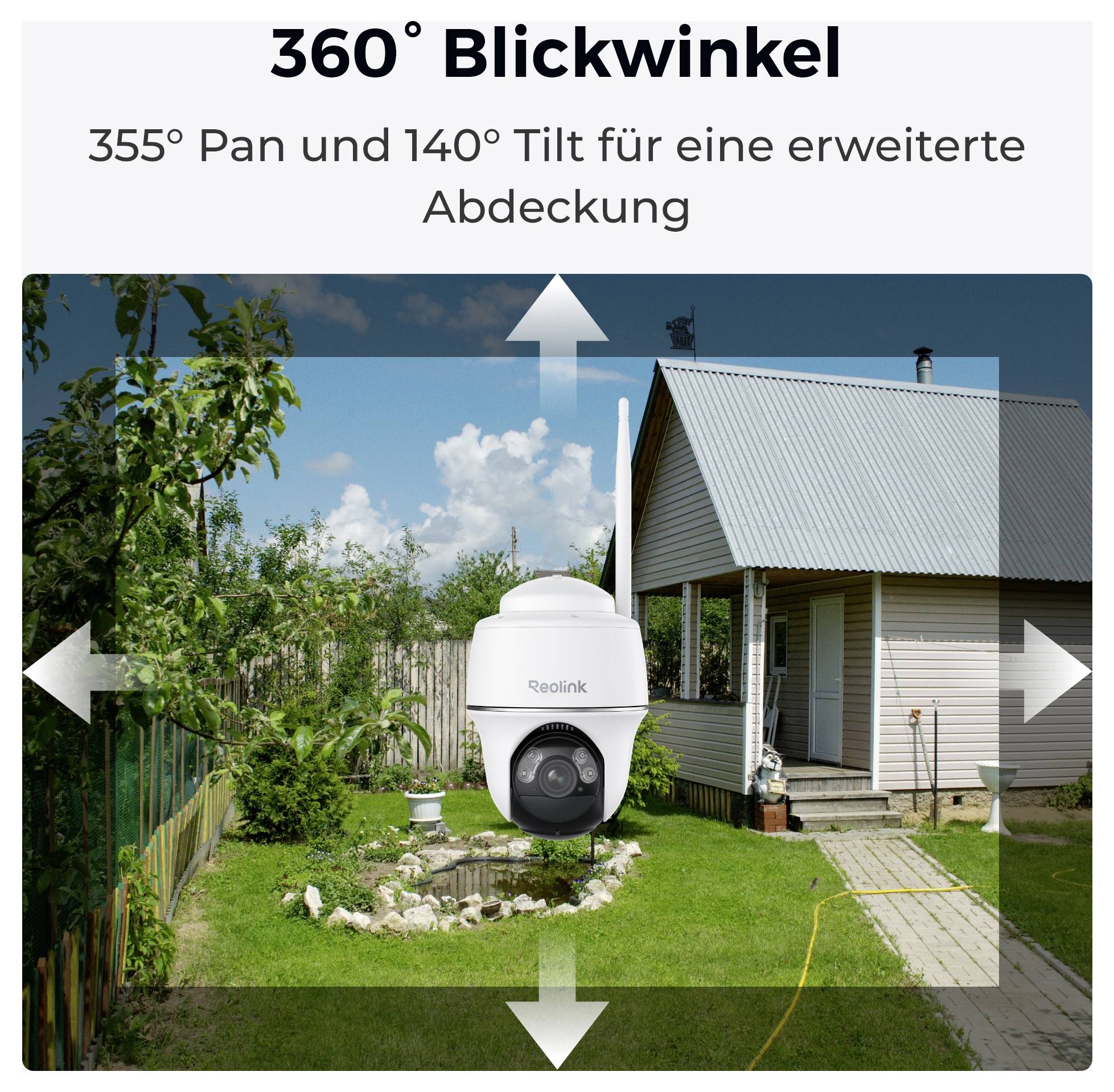 Sicherheitskamera mit 360-Grad-Sicht, 355-Grad-Schwenkung und 140-Grad-Neigung für umfassende Abdeckung, vor einem Haus mit Garten.