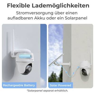 "Flexible Lademöglichkeiten" zeigt eine Sicherheitskamera, die links von einer wiederaufladbaren Batterie und rechts von einem Solarpanel mit Strom versorgt wird.