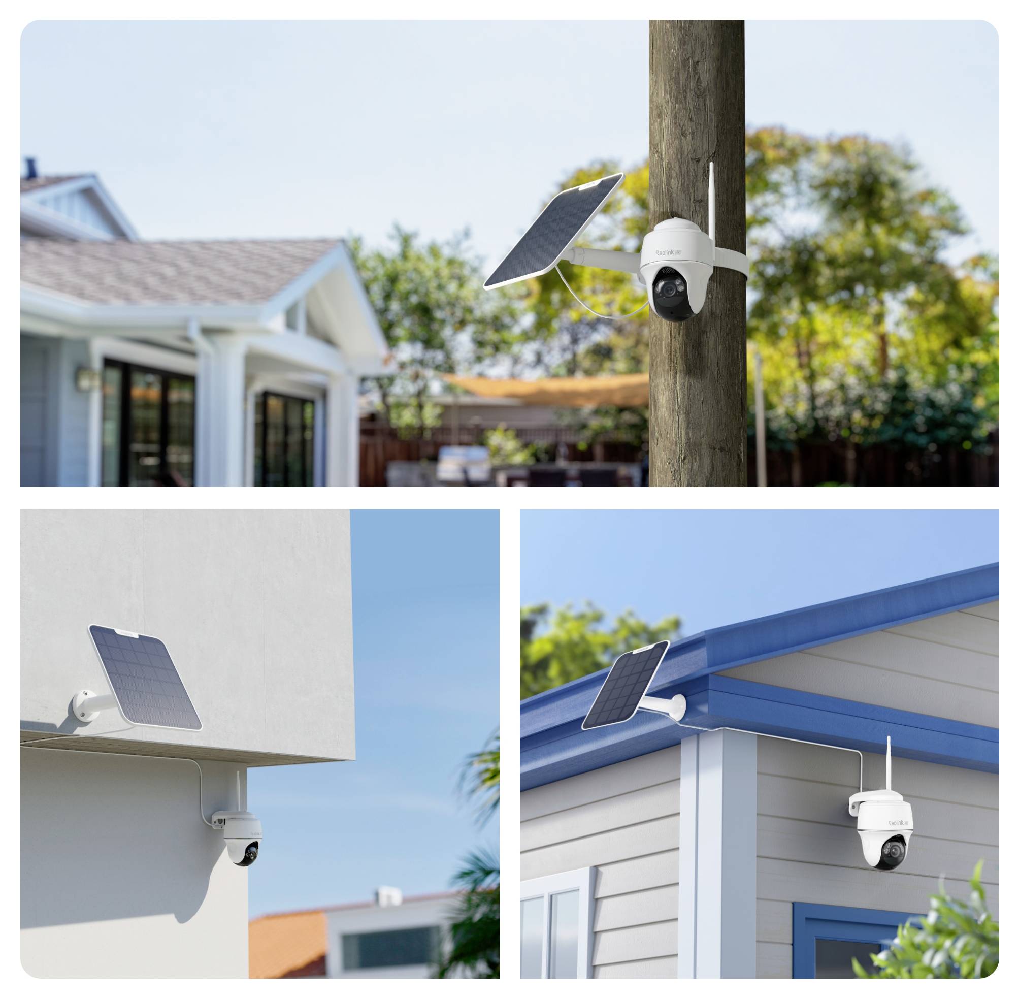 Drei Bilder von solarbetriebenen Sicherheitskameras, die im Freien an verschiedenen Gebäuden angebracht sind und unterschiedliche Installationsbeispiele und Solarpanel-Konfigurationen zeigen.