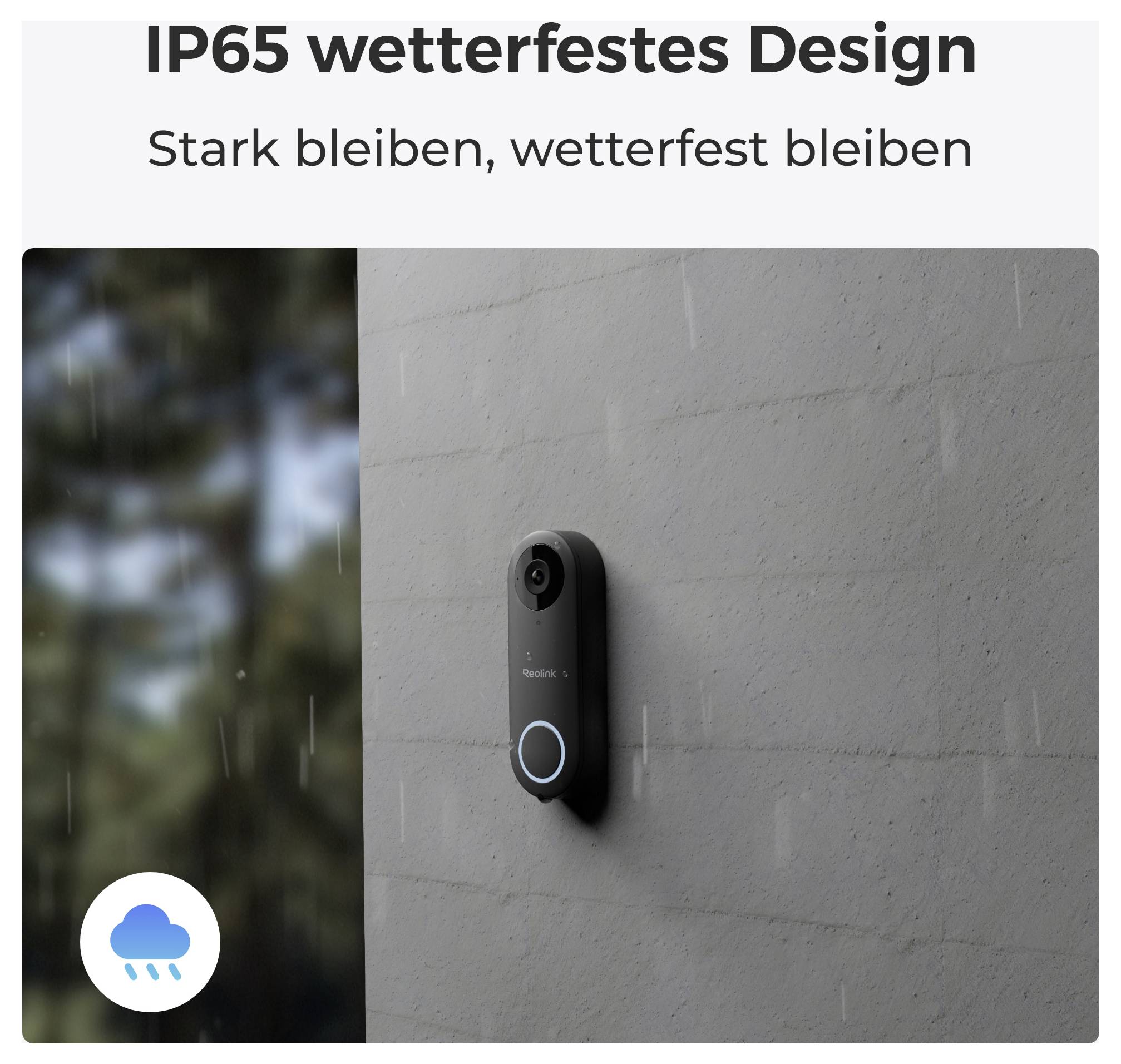'IP65 wetterfestes Design' Kamera an einer Wand im Regen, symbolisiert Widerstandsfähigkeit gegen Wetter.