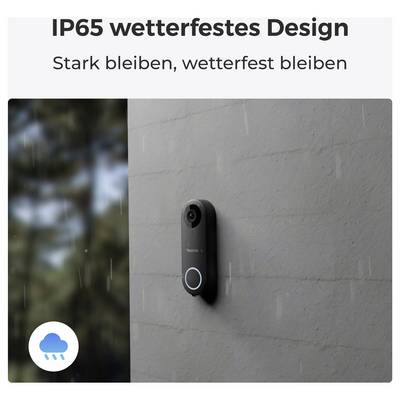'IP65 wetterfestes Design' Kamera an einer Wand im Regen, symbolisiert Widerstandsfähigkeit gegen Wetter.