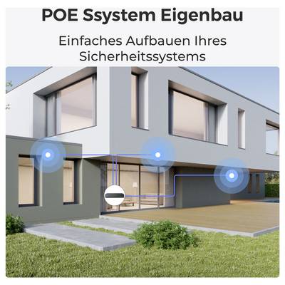 'POE Ssystem Eigenbau' zeigt ein modernes Haus mit hervorgehobenen Sicherheitskameras, die über ein eigenes POE-System verbunden sind.