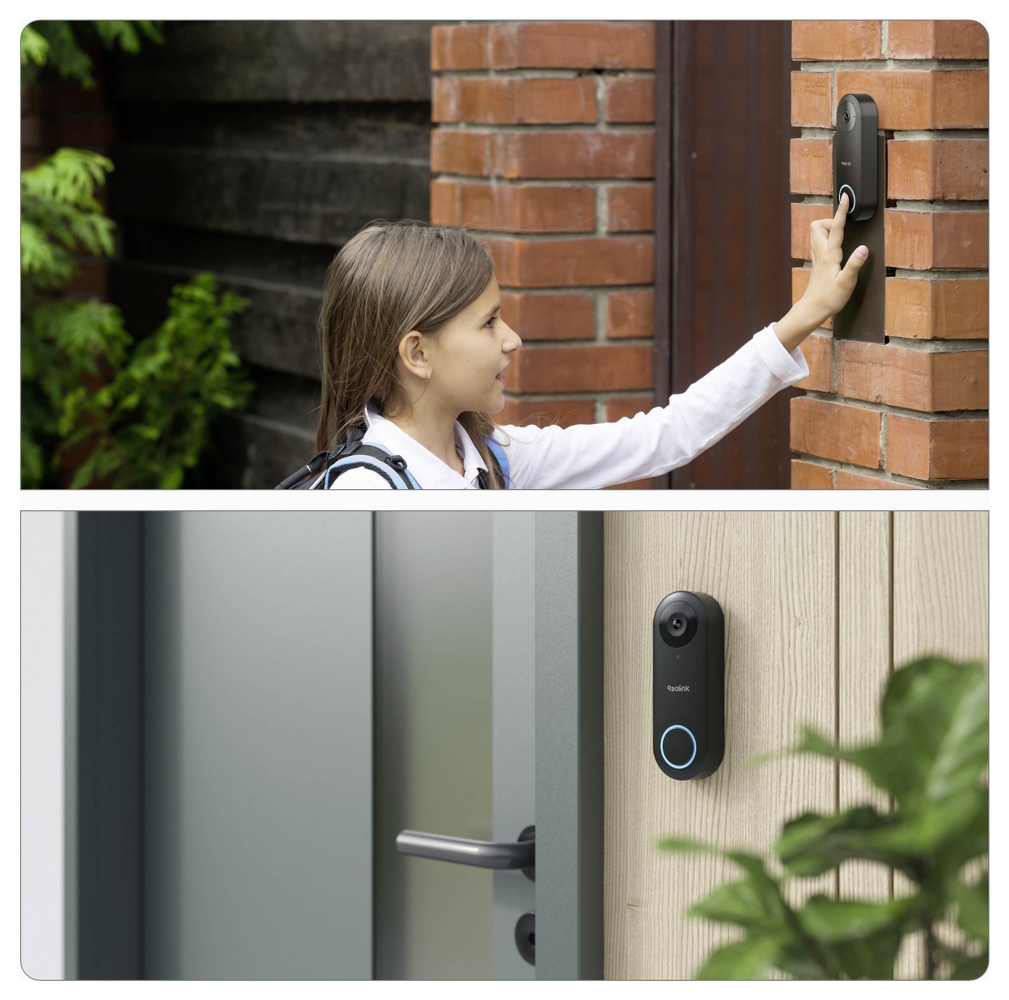 Ein Kind drückt an einem Backsteinhaus einen Türklingel-Knopf. Darunter eine Nahaufnahme einer Smart-Doorbell mit Kamera an einer Holzwand.