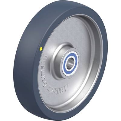 Stahlrad mit grauem Gummibelag, geeignet für Transportwagen. Radkern aus Metall, verchromt, mit Kugellager.