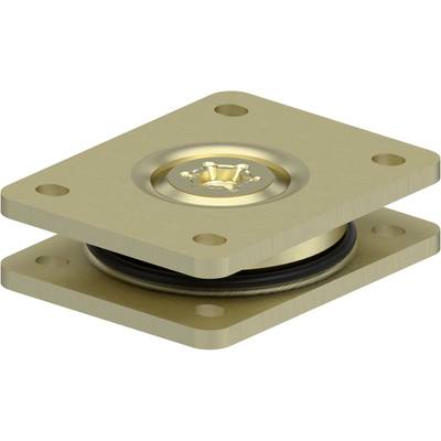 Quadratische Metallverbindung, bestehend aus zwei Platten mit zentralem rotierendem Mechanismus. Verbindungs- und Montagematerial sichtbar.