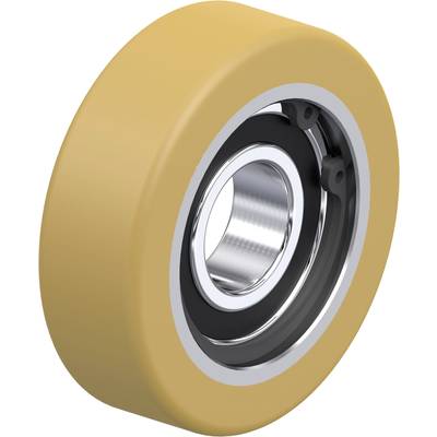 Ein gelbes Rad mit schwarzem Ring und silbernem Zentrum, vermutlich ein Industrie- oder Maschinenbauteil.