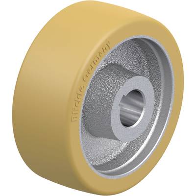 Gelbes Rad mit metallischer Innenseite, geeignet für industrielle Anwendungen oder Transportgeräte.