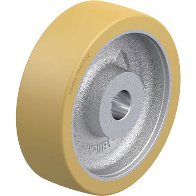 Ein Rad mit gelber Gummibereifung und einer silbernen Metalleinlage. Geeignet für Industriewägen und Transportgeräte.