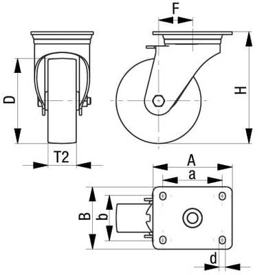 Technische Zeichnung eines Schwenkrollenrads mit Maßen für Breite (B), Höhe (H), Rad (D), und Platte (A, a, b).