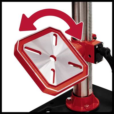 Rote Kurbel zeigt die Drehrichtung an einer Maschine mit verstellbarem Metallsockel an, der an einer vertikalen Stange befestigt ist.