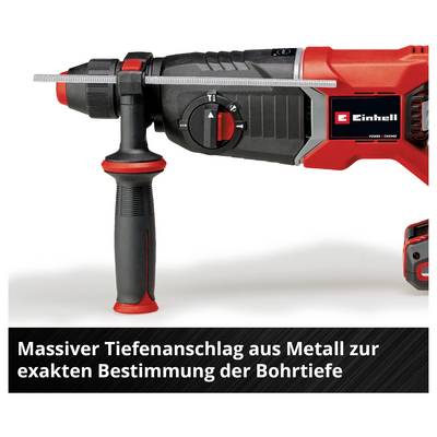 Bohrmaschine mit rotem und schwarzem Gehäuse. Text auf dem Bild: 'Massiver Tiefenanschlag aus Metall zur exakten Bestimmung der Bohrtiefe'.