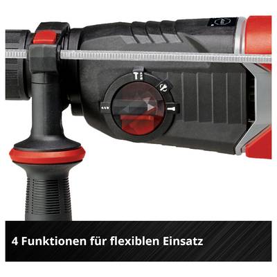 Ein roter und schwarzer Bohrhammer mit einem Drehschalter, der vier Funktionen anzeigt. Text unter dem Bild: '4 Funktionen für flexiblen Einsatz'.