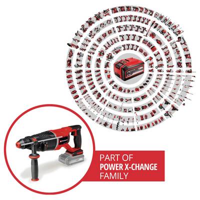 Werkzeug im Vordergrund mit der Beschriftung "Teil der Power X-Change Familie"; im Hintergrund sind verschiedene Werkzeuge in einer kreisförmigen Anordnung platziert.