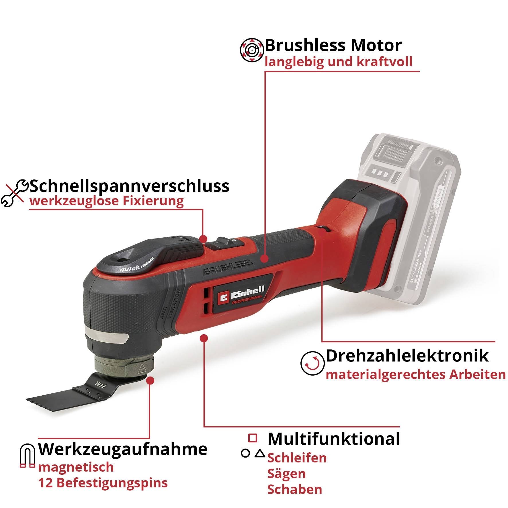 Multifunktionales, rotes Elektrowerkzeug mit 'Brushless Motor', 'Schnellspannverschluss' und 'Drehzahlelektronik'. Magnetische Werkzeugaufnahme.