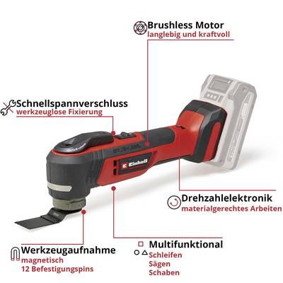 Multifunktionales, rotes Elektrowerkzeug mit 'Brushless Motor', 'Schnellspannverschluss' und 'Drehzahlelektronik'. Magnetische Werkzeugaufnahme.