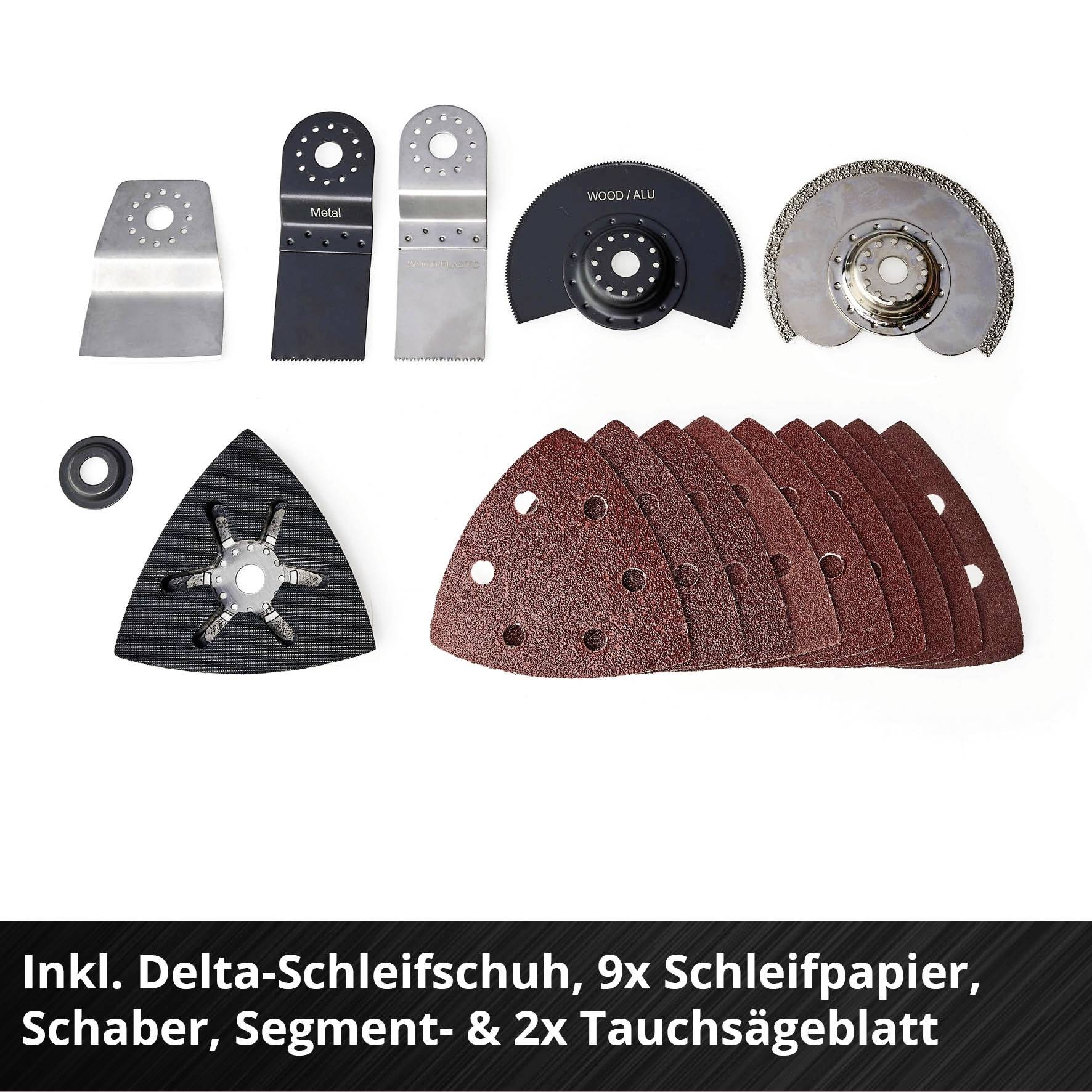 Mehrere Schleif- und Sägeaufsätze für ein Multitool, einschließlich Delta-Schleifschuh und 9 Schleifpapierscheiben.
