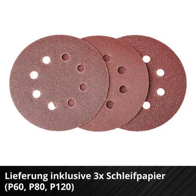 'Drei rote Schleifscheiben mit Löchern in unterschiedlichen Körnungen P60, P80 und P120. Lieferung inklusive dieser Schleifpapiere.'