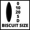 'BISCuit SIZE' zeigt die Größenmessung von Holzverbindern, mit den Größen 0, 10 und 20, neben der Silhouette eines Bindemittels.