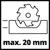 Sägeblatt schneidet in Holz mit der Aufschrift 'max. 20 mm'.