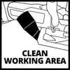 'Sauberer Arbeitsbereich' steht unter einer Illustration eines Arbeitsplatzes, mit einem Staubsauger, der Staub beseitigt.