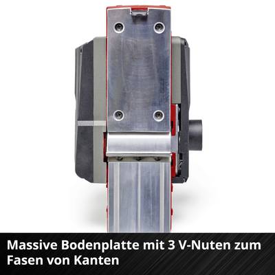 'Massive Bodenplatte mit 3 V-Nuten zum Fasen von Kanten.' Ein Werkzeug mit einer robusten Platte, geeignet für präzise Kantenbearbeitung.