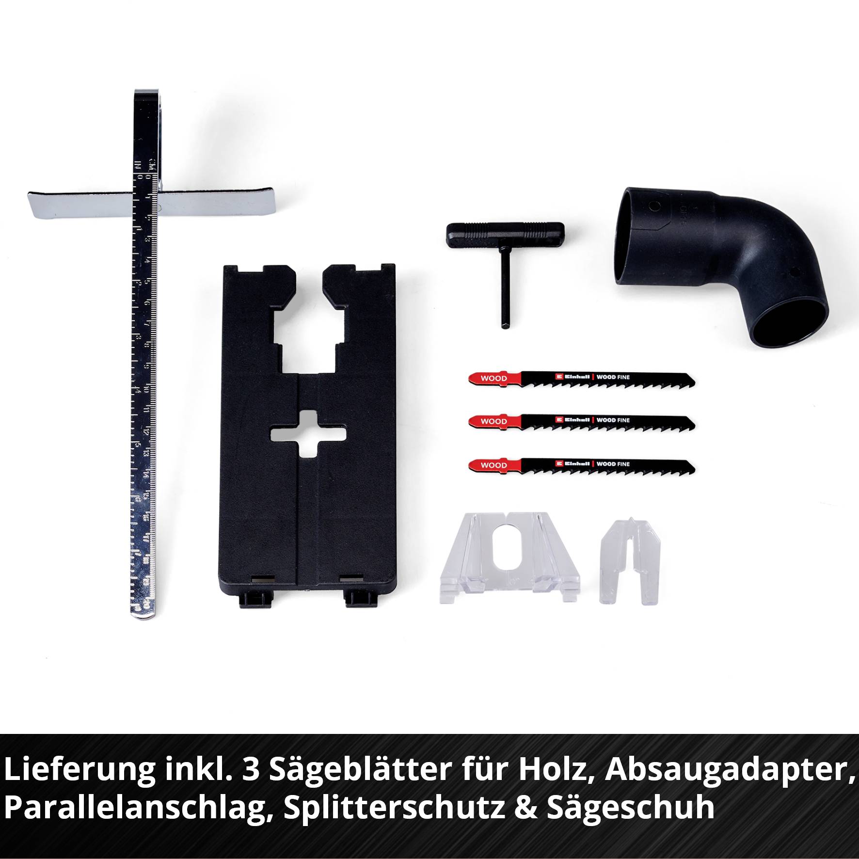 'Lieferumfang: Parallelanschlag, Sägeblätter, Absaugadapter, Sägeblattschutz, Sägeschuh. Hinweis auf Zubehörteile einer Säge.'