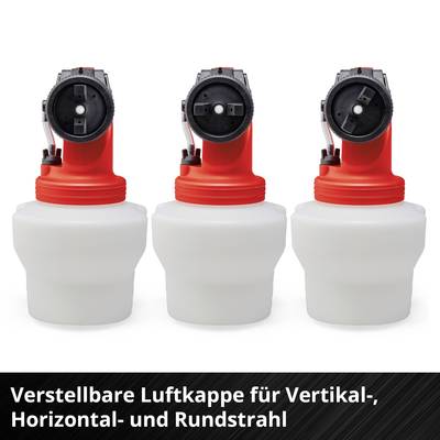 Drei Sprühgeräte mit einstellbarer Luftkappe für vertikale, horizontale und Rundstrahlfunktion, vor weißem Hintergrund.