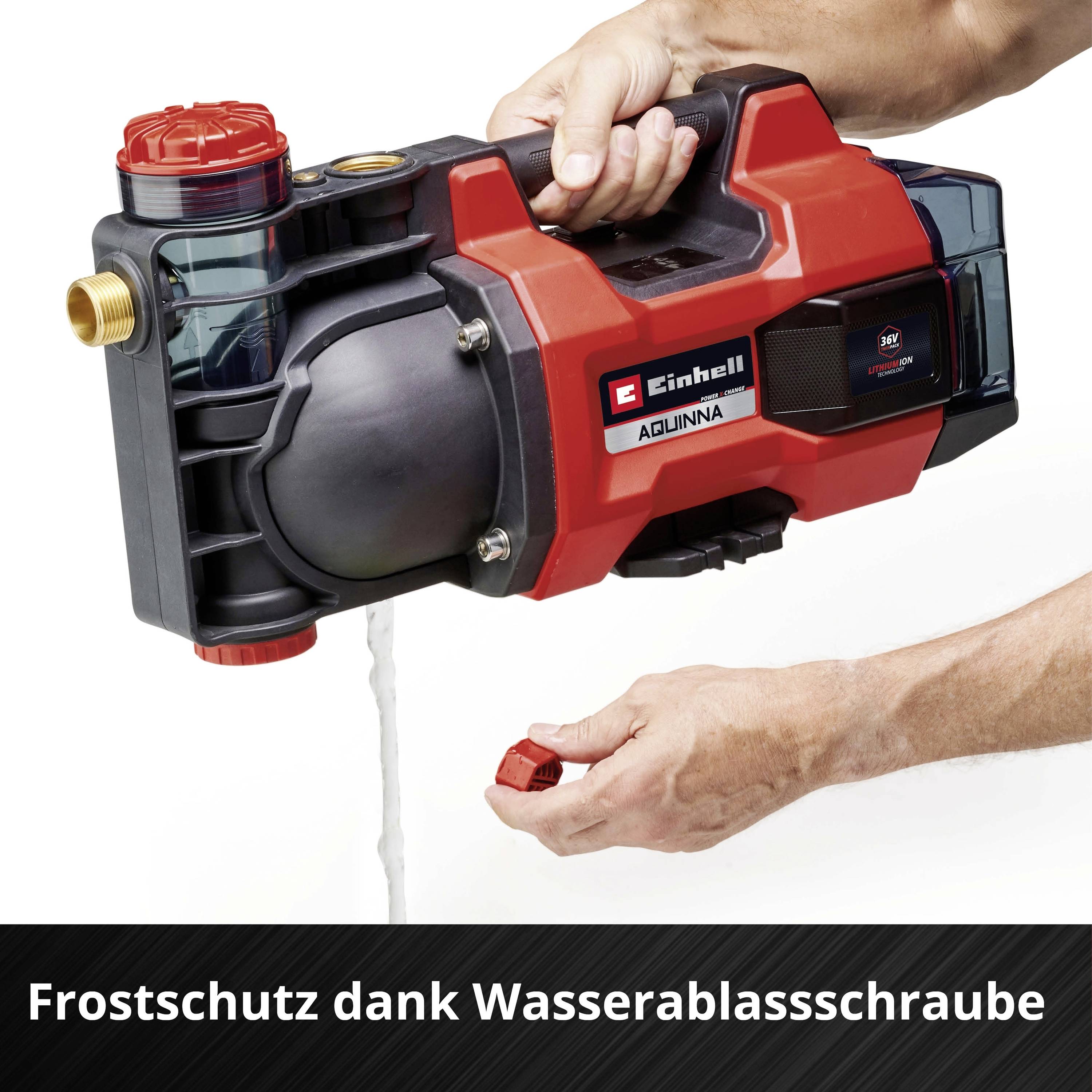 Einhell Wasserpumpe mit rotem Griff und Wasserablassschraube; Text unten: 'Frostschutz dank Wasserablassschraube'.