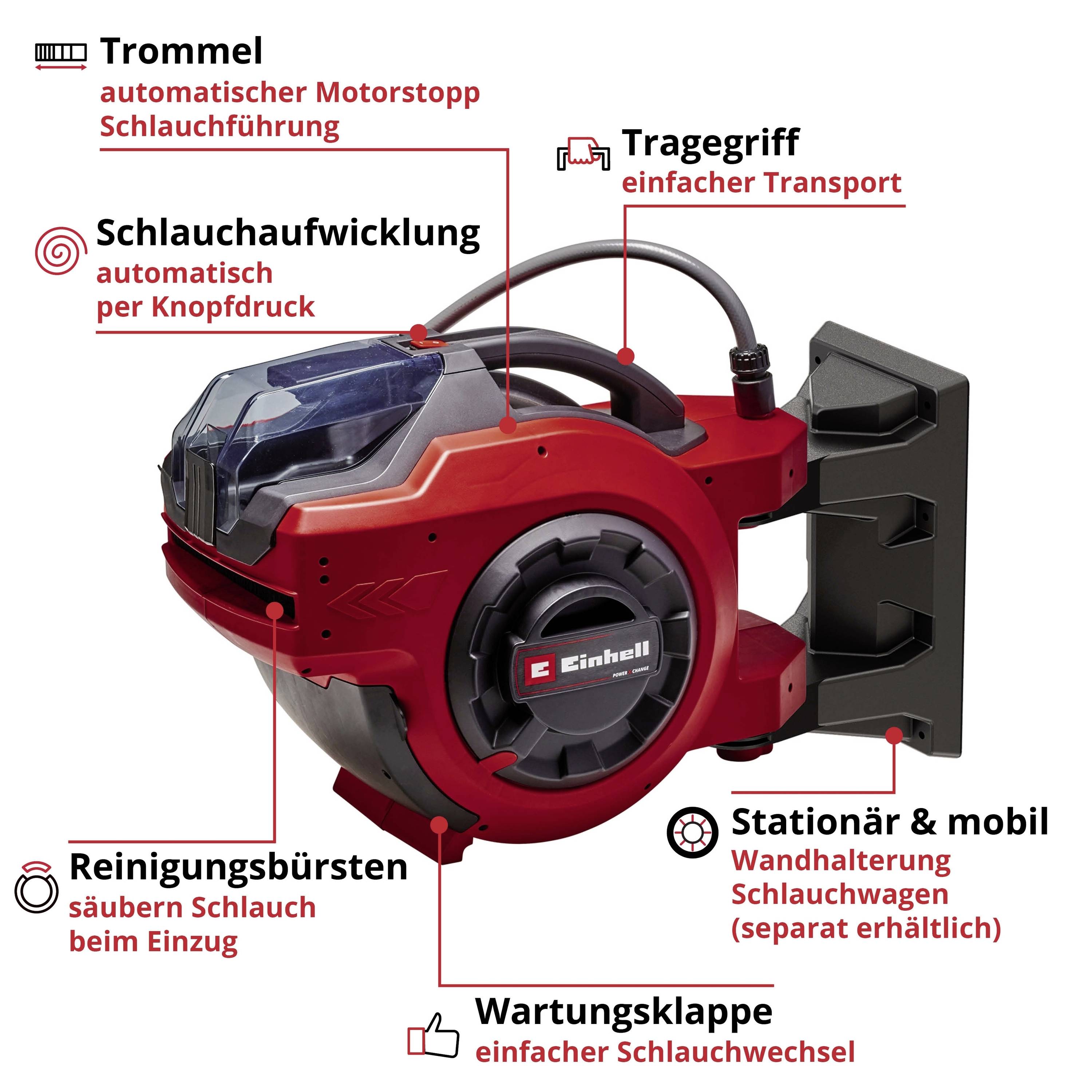 Ein rotes, tragbares Gerät zur automatischen Schlauchaufwicklung. Enthält Trommel, Tragegriff, Reinigungsbürsten, Wandhalterung und Wartungsklappe.