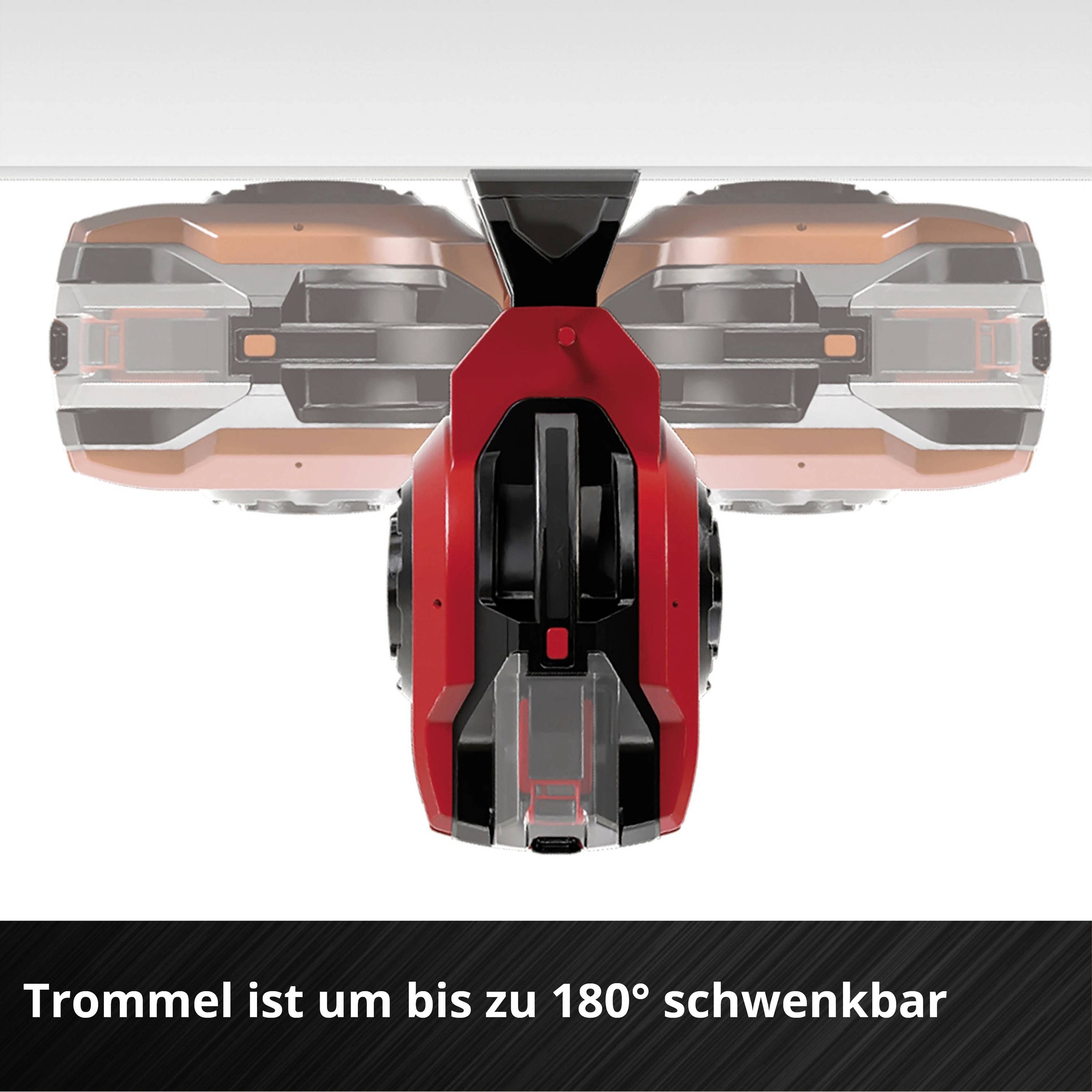 'Grafik eines roten Werkzeugs mit rotierenden Teilen. Text: Trommel ist um bis zu 180° schwenkbar.'