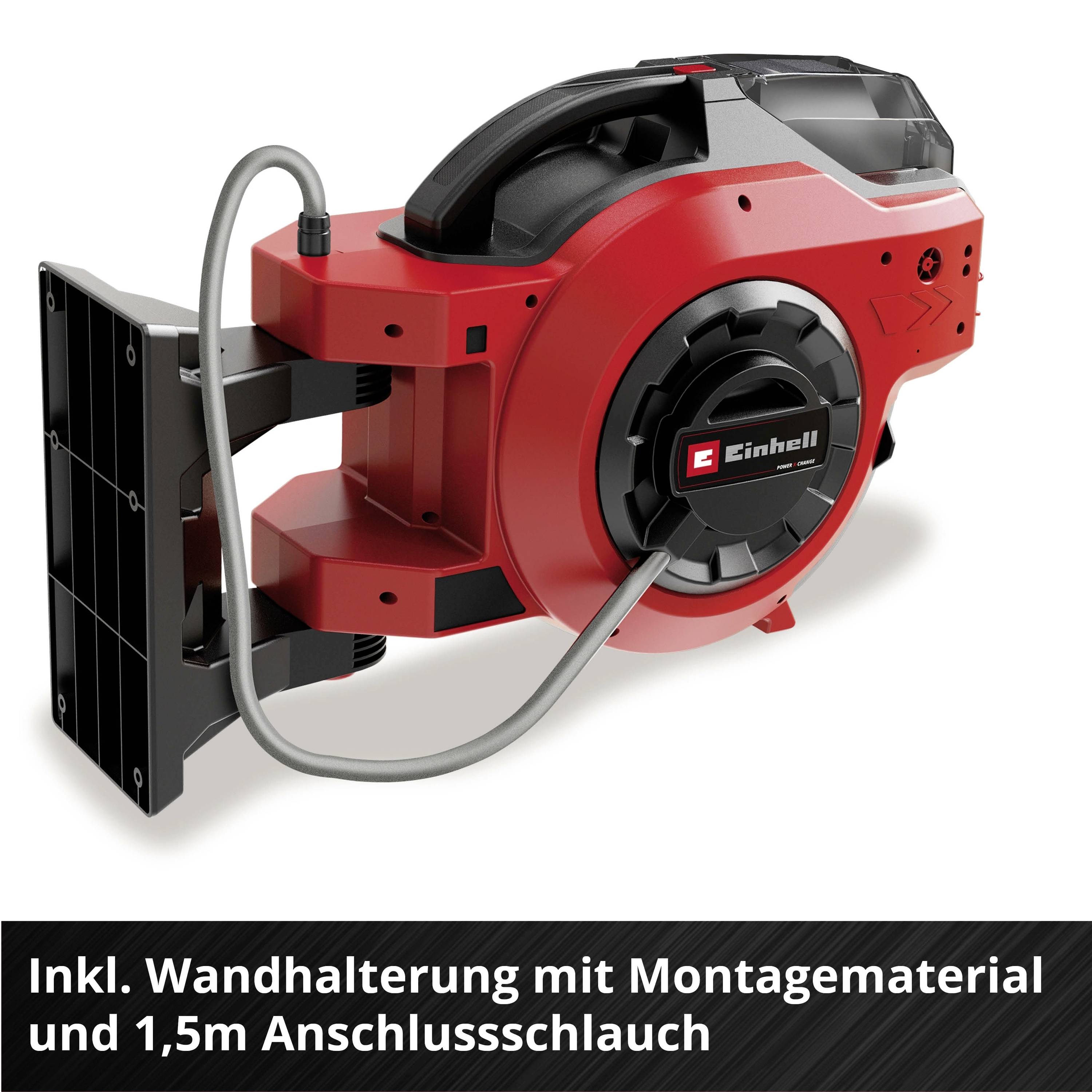 Ein roter, automatischer Kabelaufroller von Einhell inklusive Wandhalterung und 1,5m Anschlusskabel.