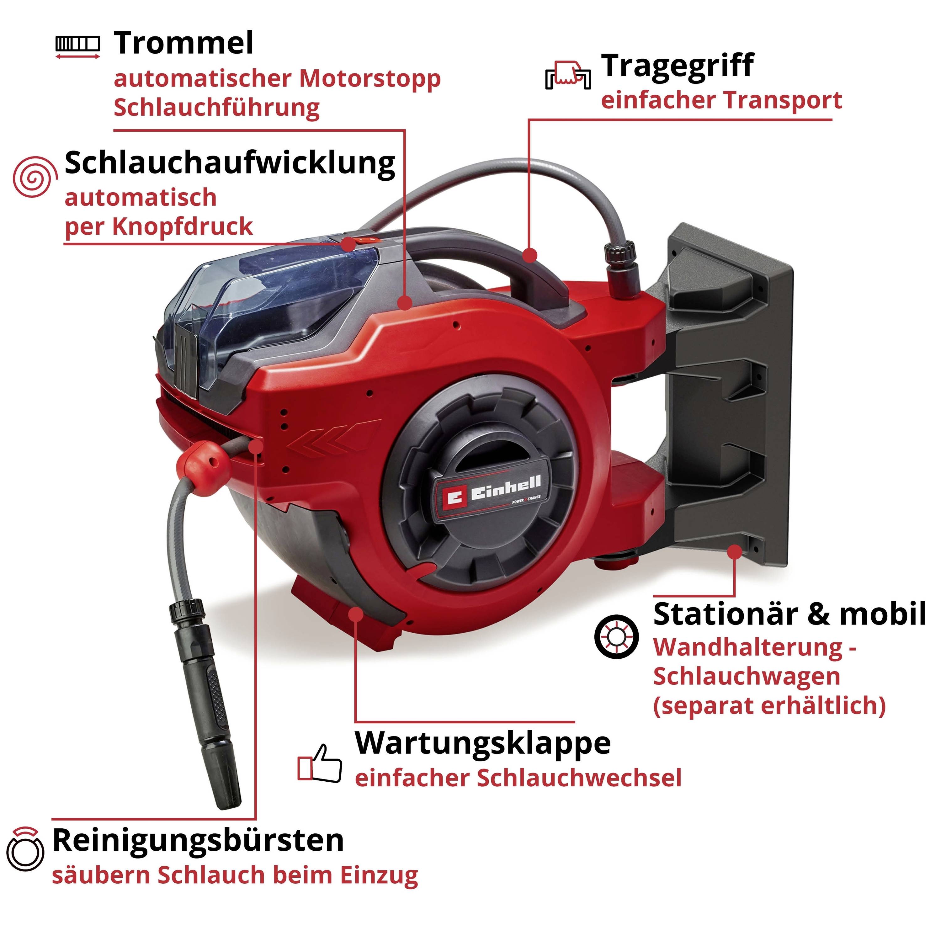 Einhell Wand-Schlauchtrommel: Automatischer Einzug. Mit Tragegriff, Wandhalterung, Reinigungspinsel, Schlauchaufwicklung.