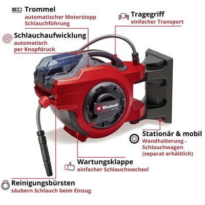 Einhell Wand-Schlauchtrommel: Automatischer Einzug. Mit Tragegriff, Wandhalterung, Reinigungspinsel, Schlauchaufwicklung.