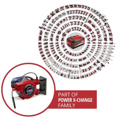 Eine große Auswahl an roten Elektrowerkzeugen in kreisförmiger Anordnung. Im Vordergrund ein aufgerollter Schlauch. Text: 'Part of Power X-Change Family'.