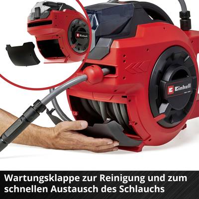 Rote Schlauchtrommel von Einhell mit Reinigungs- und Austauschklappe, veranschaulicht die einfache Handhabung und Funktionalität.