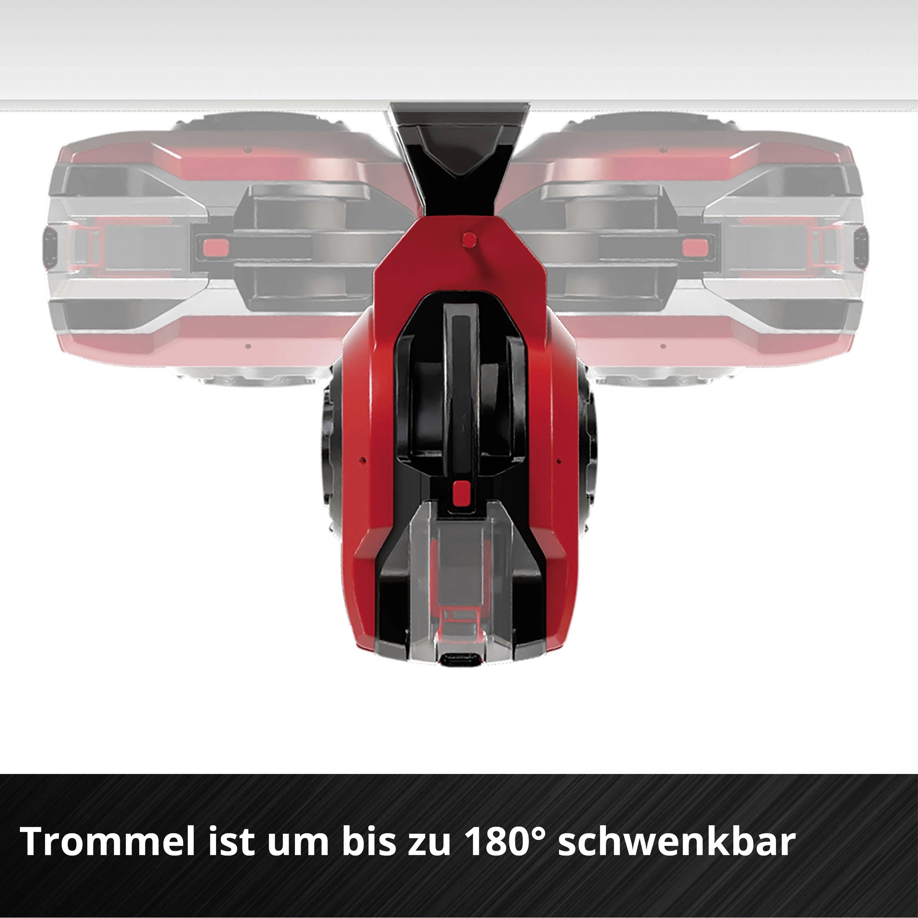 Roter Bohrer mit drehbarem Kopf bis zu 180 Grad, zeigt flexible Einsatzmöglichkeiten.