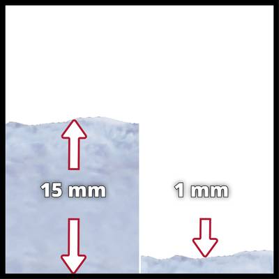 'Bild zeigt einen Eiszapfen um 15 mm reduziert, daneben um 1 mm reduziert, markiert mit roten Pfeilen.'
