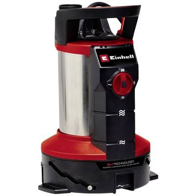 'Einhell'-Tauchpumpe in Rot und Schwarz mit Edelstahlgehäuse, Skala für Wasserstand, und Schalter zur Steuerung.