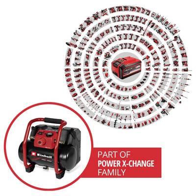 Einhell tragbarer Akku-Luftkompressor, dargestellt als Teil der 'Power X-Change Familie', mit vielen kompatiblen Werkzeugen in einer kreisförmigen Produktanordnung angeordnet.