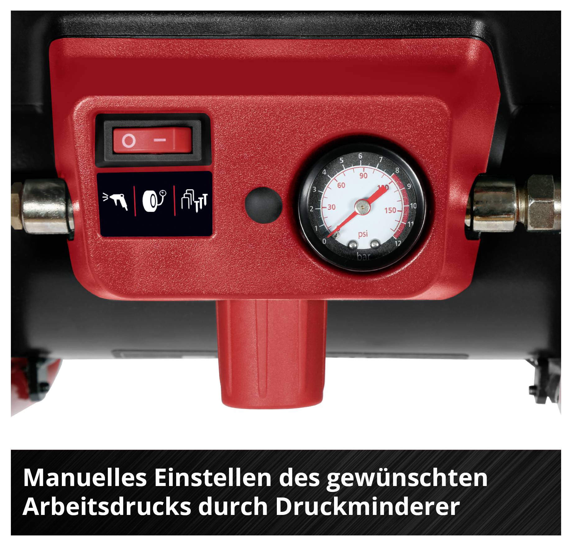 Roter Druckminderer mit Schalter und Manometer zur manuellen Einstellung des gewünschten Arbeitsdrucks.