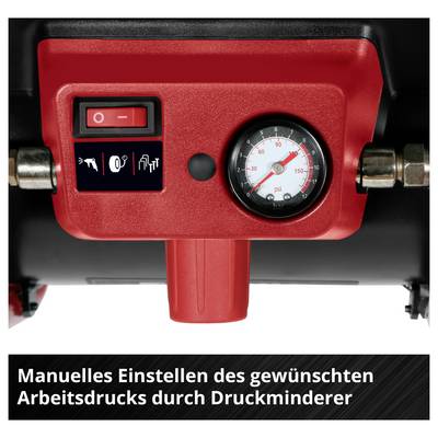 Roter Druckminderer mit Schalter und Manometer zur manuellen Einstellung des gewünschten Arbeitsdrucks.