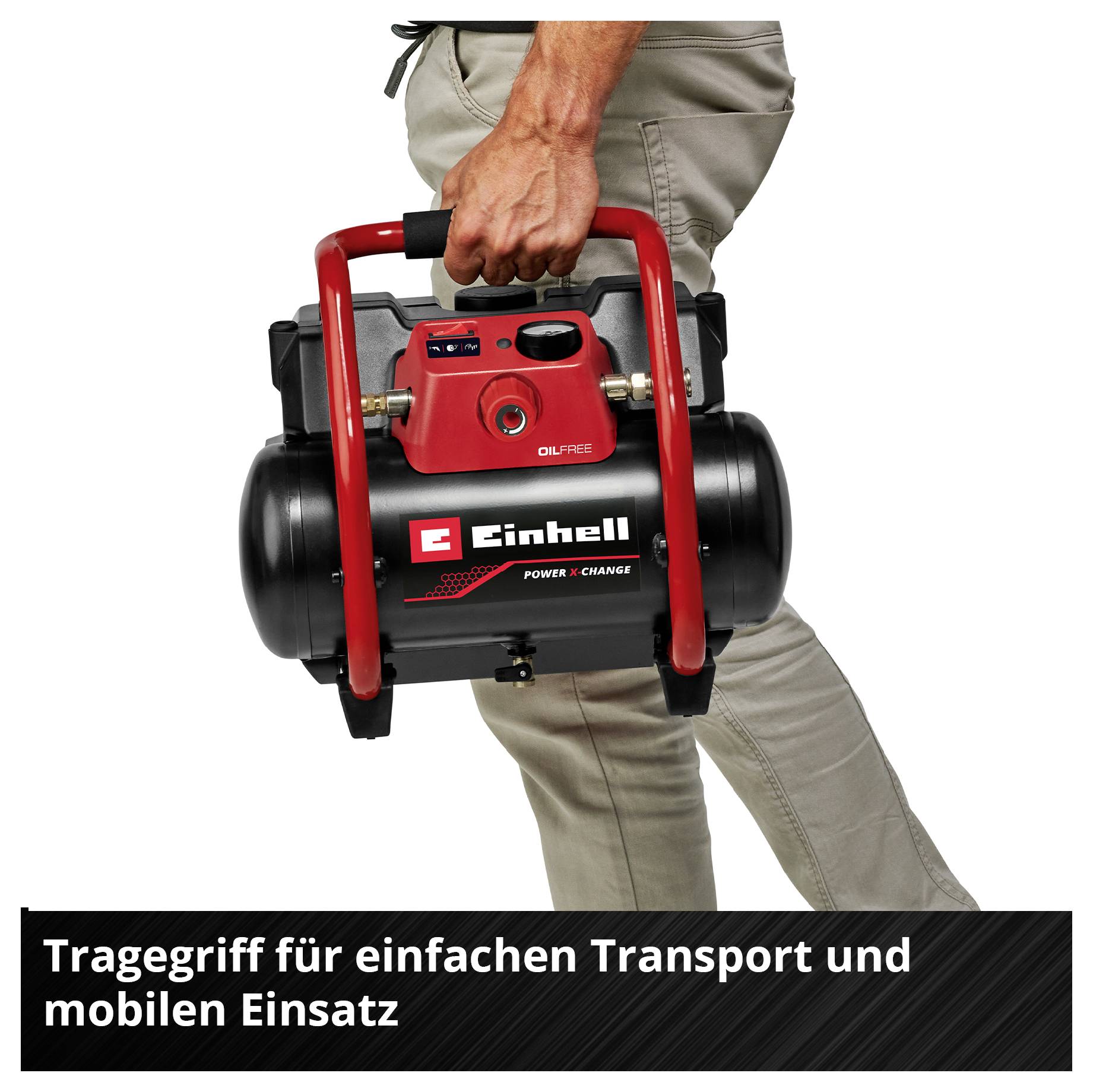 Person trägt einen tragbaren Einhell-Kompressor am Griff; unten steht: 'Tragegriff für einfachen Transport und mobilen Einsatz'.