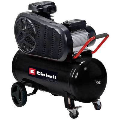 Tragbarer schwarzer Einhell Extreme Power Kompressor mit Rädern, rotem Griff und Motorgehäuse oben.