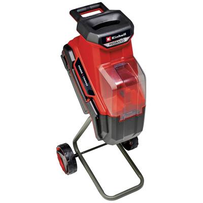 'Einhell Elektro Leisehäcksler' in Rot und Schwarz. Steht auf Rollen, hat einen transparenten Fangbehälter und eine schwarze Griffeinheit.