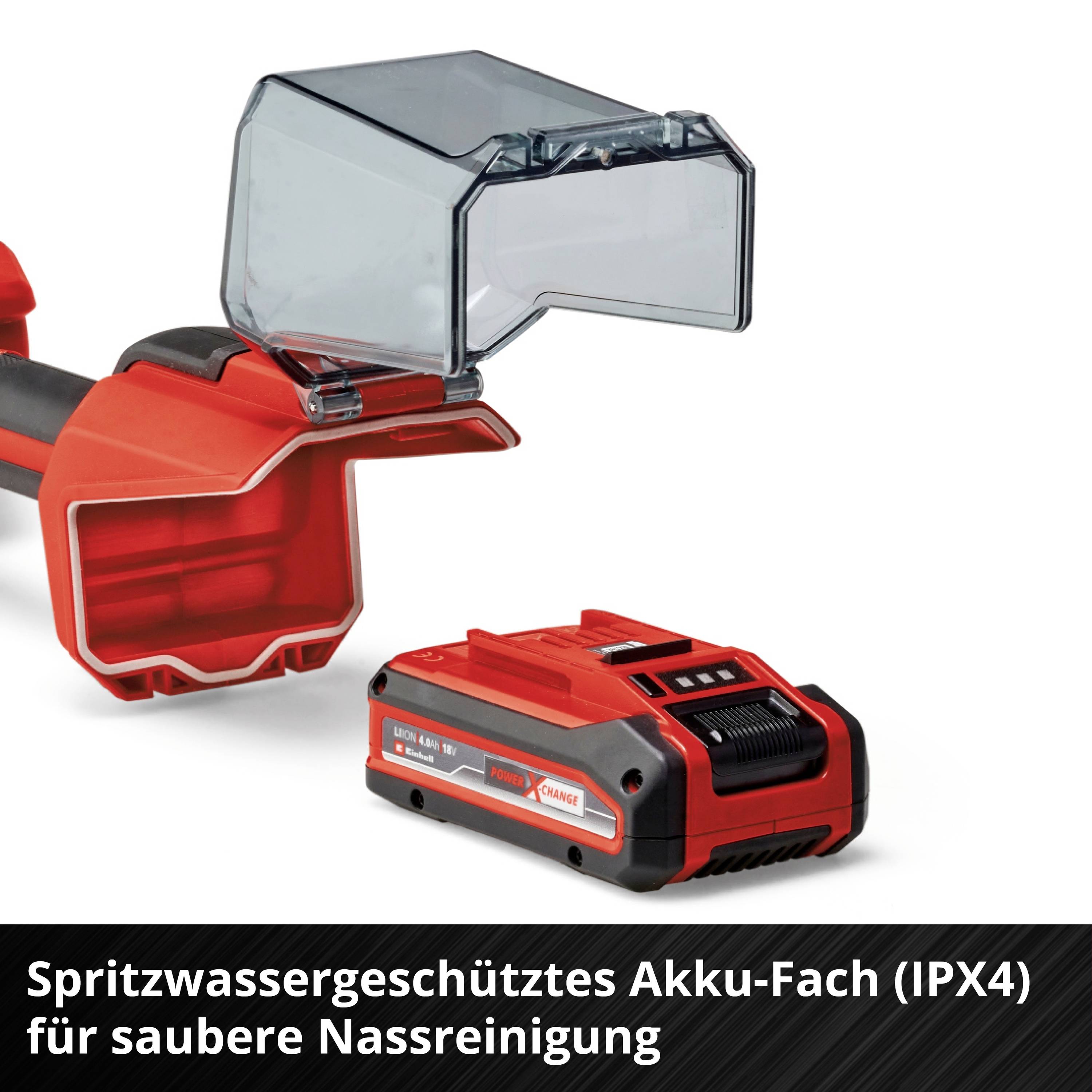Ein Spritzwassergeschütztes Akkufach mit einem roten Akku. Text unten: 'Spritzwassergeschütztes Akku-Fach (IPX4) für saubere Nassreinigung'.